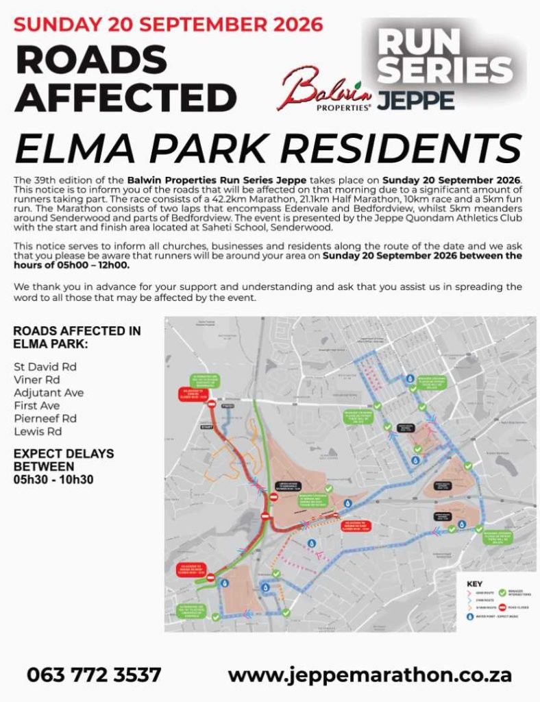 Road Closures Jeppe Marathon Elma Park