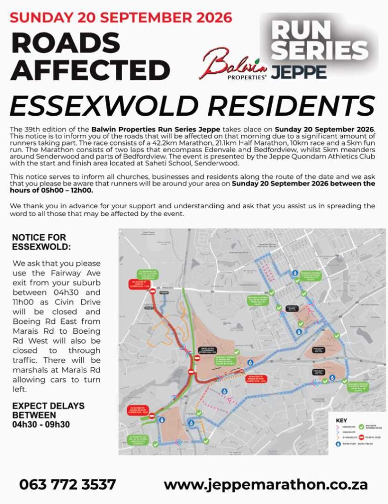 Road Closures Jeppe Marathon Essexwold
